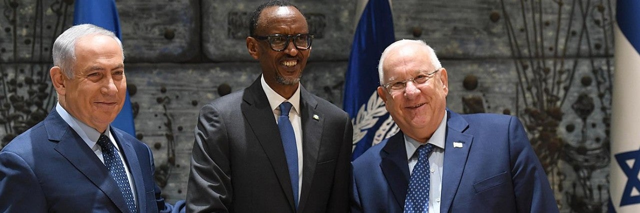 Photo of President Reuven Rivlin, Prime Minister Benjamin Netanyahu, and the President of Rwanda at Beit HaNassi