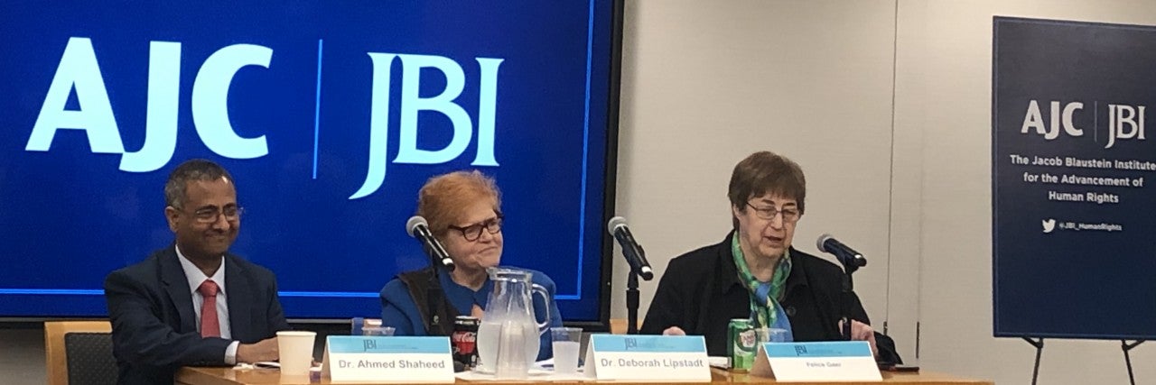 Photo of Dr. Ahmed Shaheed and Deborah Lipstadt during a JBI event