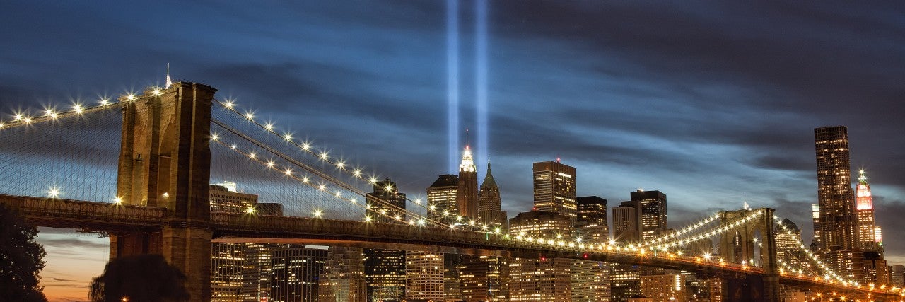 Photo of 9/11 lights and New York's Brooklyn Bridge