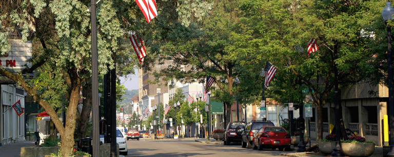 Photo of a main street with American Flags