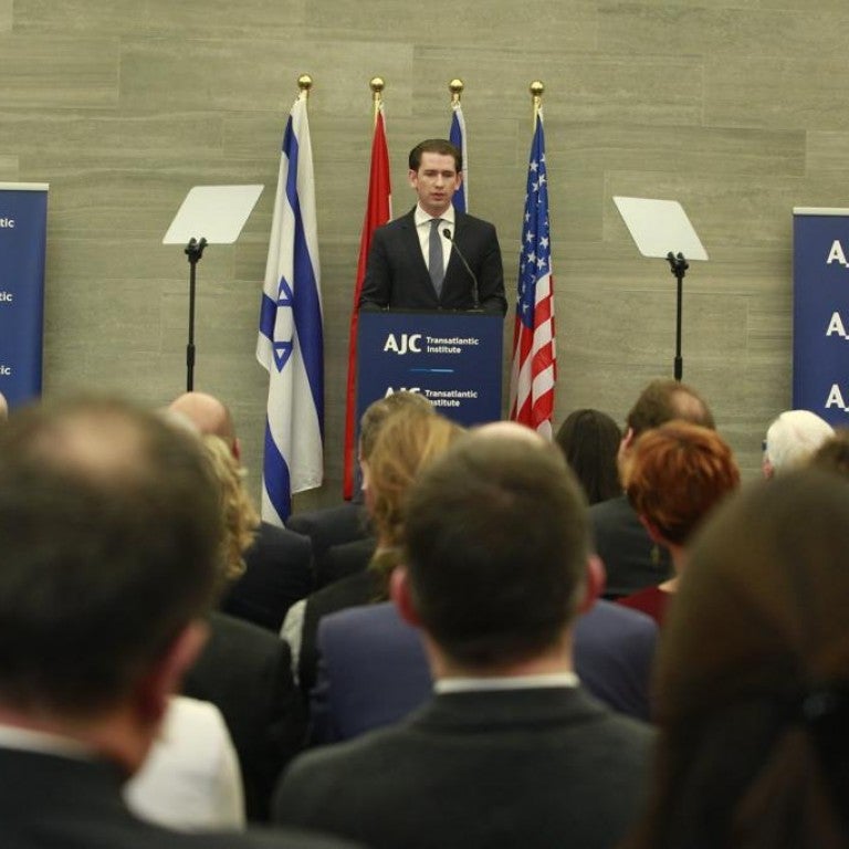 Photo of Austrian Chancellor Kurz speaking to an AJC audience in Brussels
