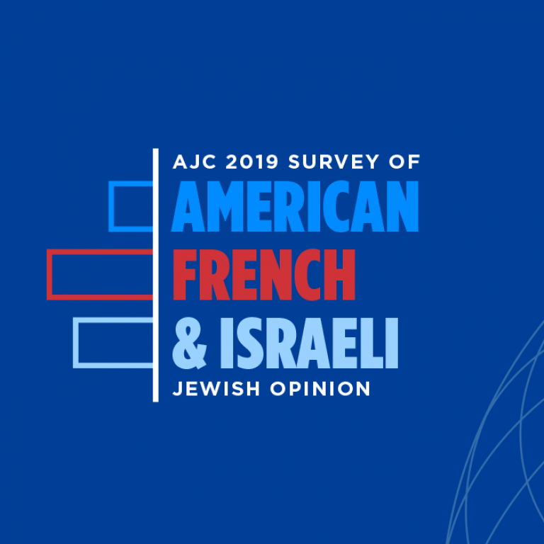Graphic showing an outline of the globe, and the text American, Israeli, and French Jews 2019 Survey