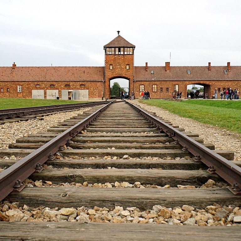 Photo of train tracks leading to Auschwitz, Poland