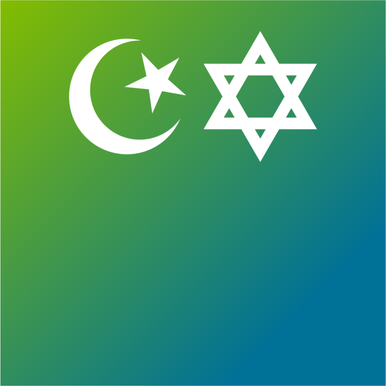 Graphic displaying Muslim and Jewish religious symbols - a crescent moon and a Star of David