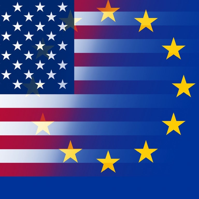 Graphic of the American Flag and the European Union Flag fading into one another