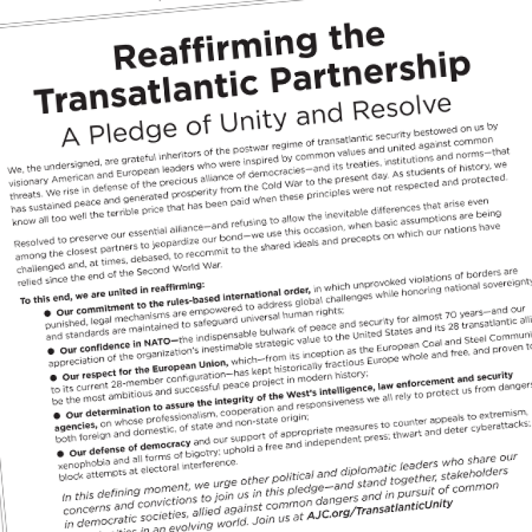 Graphic of AJC's ad in The New York Times reaffirming the Transatlantic Partnership.