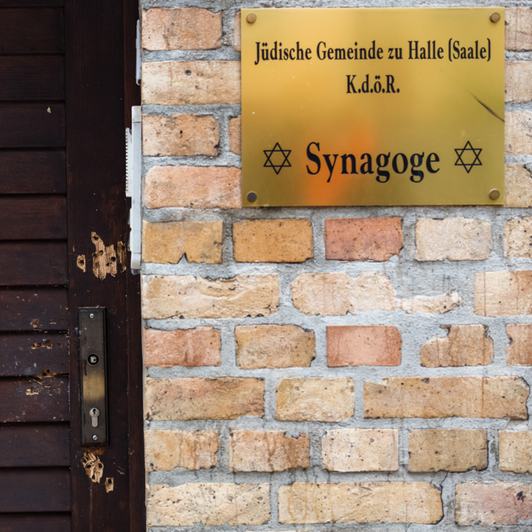 Photo of the synagogue in Halle, Germany after the attack in 2019