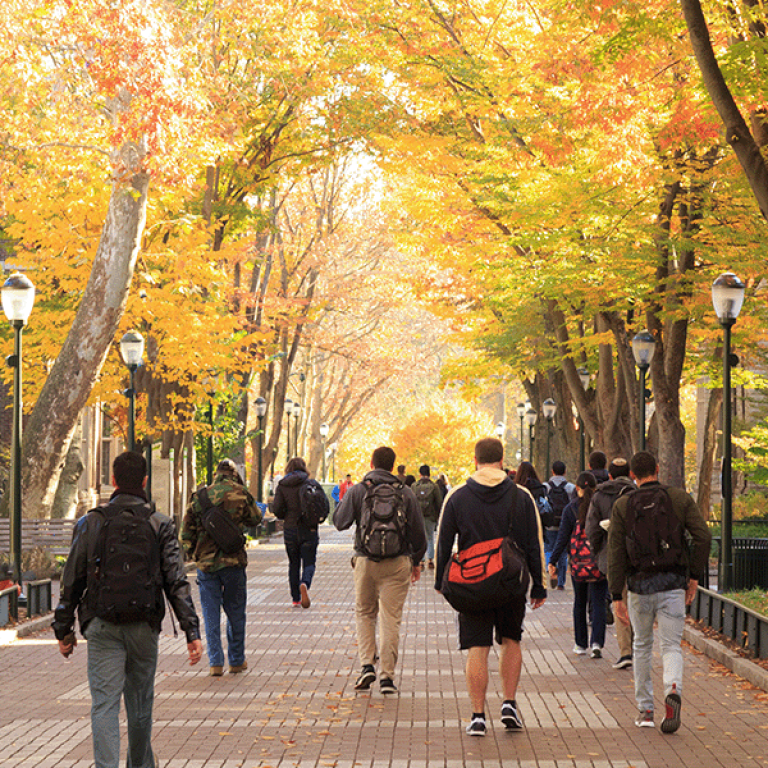 Photo of students on a college campus in the fall