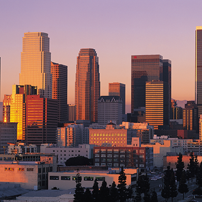 Photo of Los Angeles skyline at sunset